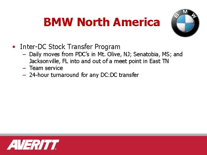 BMW North America • Inter-DC Stock Transfer Program – Daily moves from PDC’s in