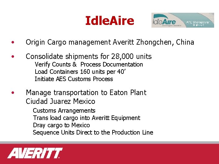 Idle. Aire • Origin Cargo management Averitt Zhongchen, China • Consolidate shipments for 28,