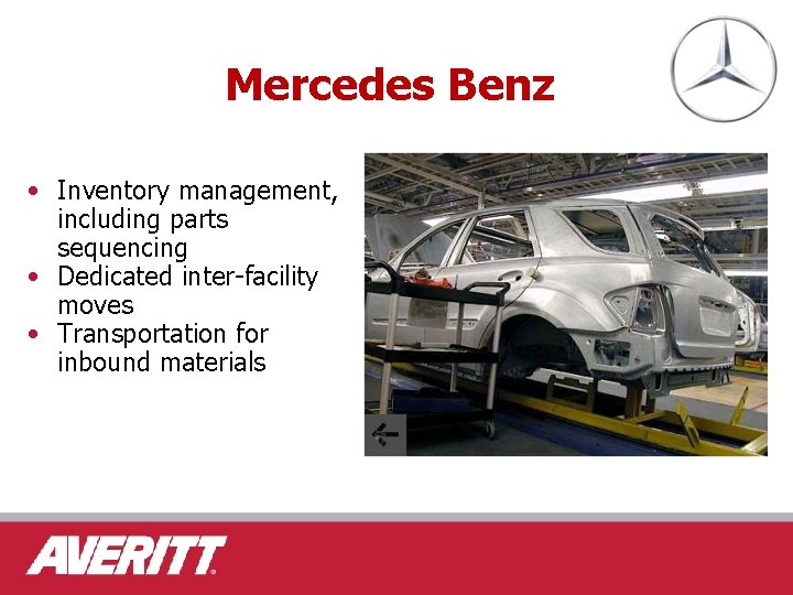 Mercedes Benz • Inventory management, including parts sequencing • Dedicated inter-facility moves • Transportation