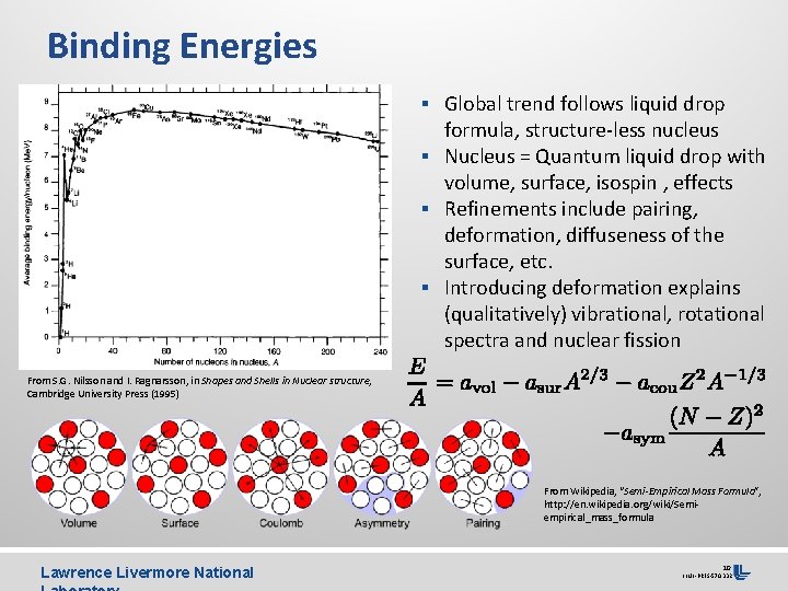 Binding Energies § Global trend follows liquid drop formula, structure-less nucleus § Nucleus =