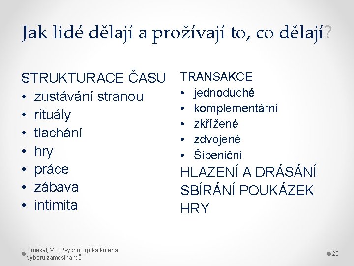 Jak lidé dělají a prožívají to, co dělají? STRUKTURACE ČASU • zůstávání stranou •