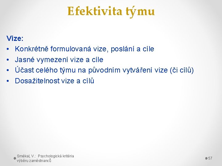 Efektivita týmu Vize: • Konkrétně formulovaná vize, poslání a cíle • Jasné vymezení vize