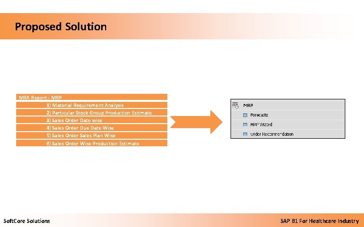  Proposed Solution MRA Report : MRP 1) Material Requirement Analysis 2) Particular Stock