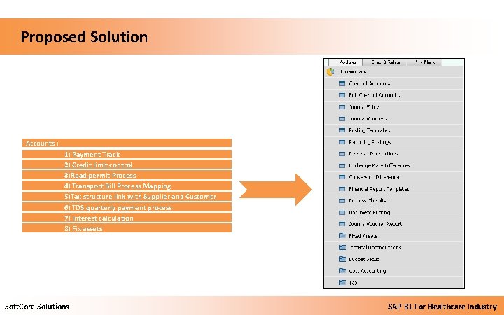  Proposed Solution Accounts : 1) Payment Track 2) Credit limit control 3)Road permit