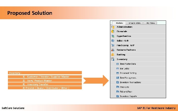  Proposed Solution Inventory : 1) Customer / Vendor / Supplier Master 2) Item/