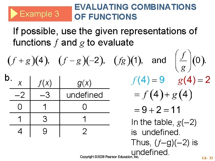Example 3 EVALUATING COMBINATIONS OF FUNCTIONS If possible, use the given representations of functions