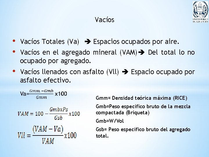 Vacíos • • Vacíos Totales (Va) Espacios ocupados por aire. • Vacíos llenados con