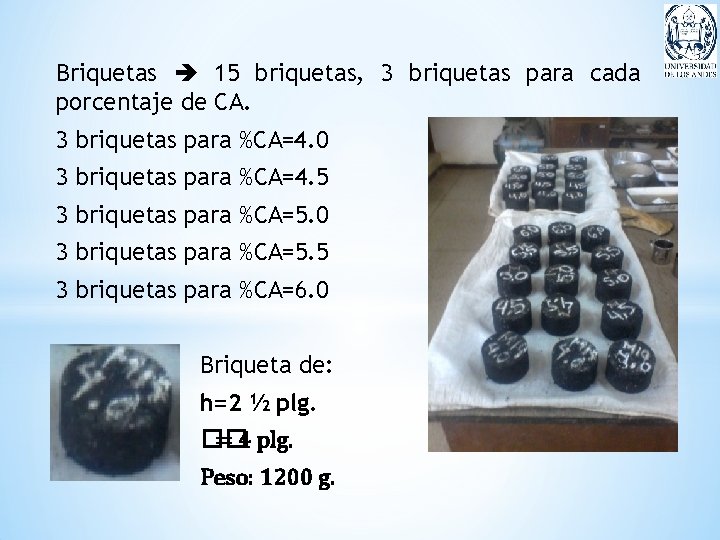 Briquetas 15 briquetas, 3 briquetas para cada porcentaje de CA. 3 briquetas para %CA=4.