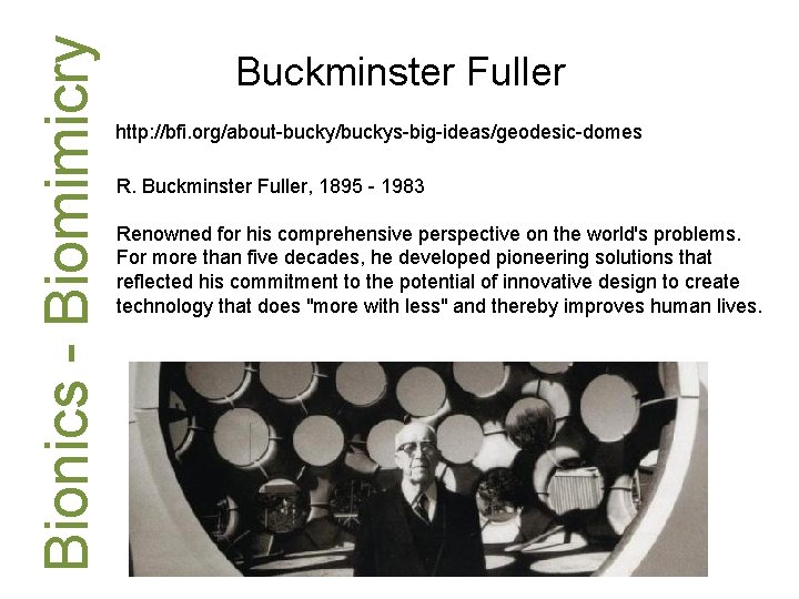 Bionics - Biomimicry Buckminster Fuller http: //bfi. org/about-bucky/buckys-big-ideas/geodesic-domes R. Buckminster Fuller, 1895 - 1983