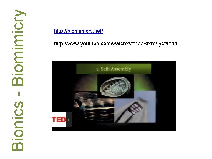 Bionics - Biomimicry http: //biomimicry. net/ http: //www. youtube. com/watch? v=n 77 Bfxn. Vlyc#t=14