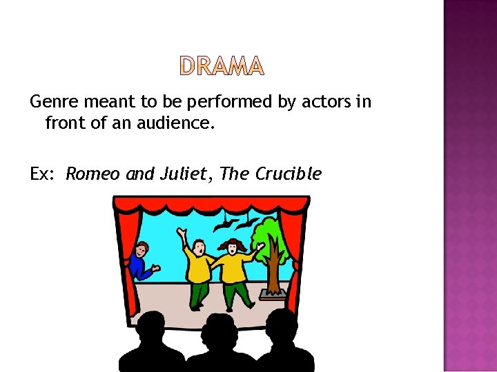 Genre meant to be performed by actors in front of an audience. Ex: Romeo