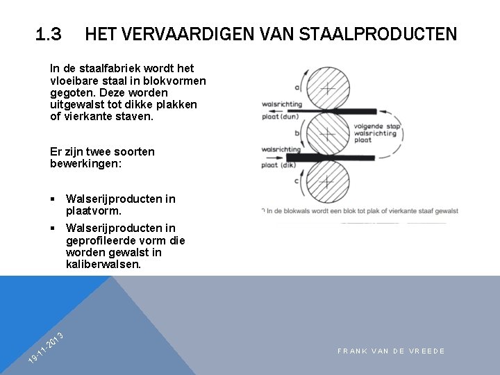 1. 3 HET VERVAARDIGEN VAN STAALPRODUCTEN In de staalfabriek wordt het vloeibare staal in