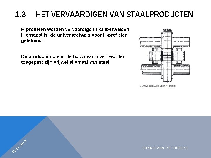 1. 3 HET VERVAARDIGEN VAN STAALPRODUCTEN H-profielen worden vervaardigd in kaliberwalsen. Hiernaast is de