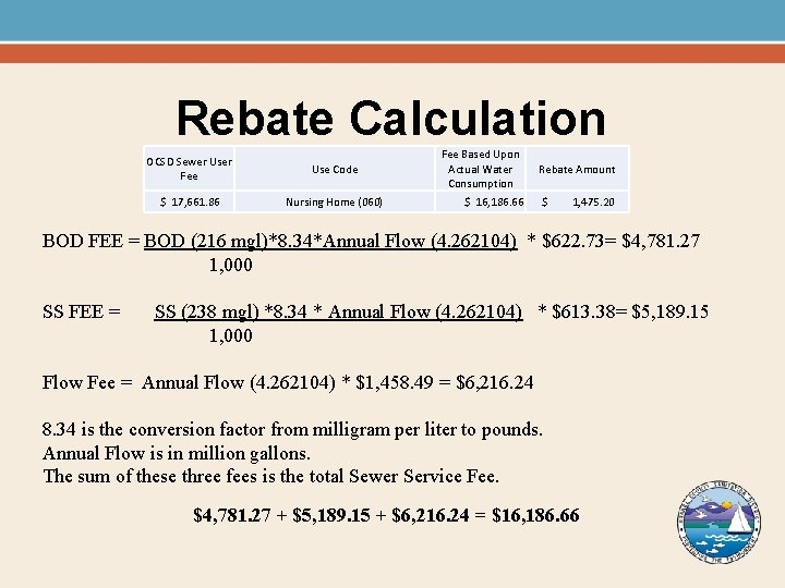 Rebate Calculation OCSD Sewer User Fee Use Code $ 17, 661. 86 Nursing Home