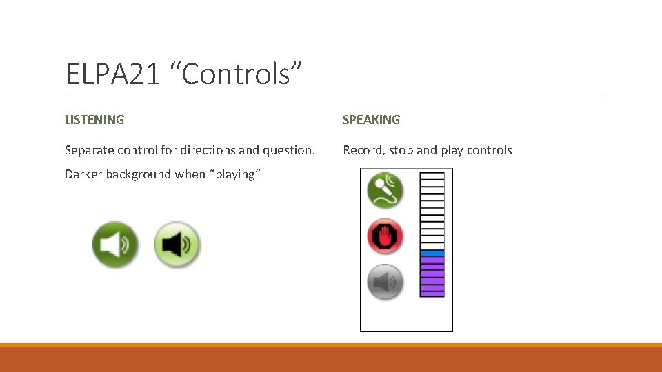 ELPA 21 “Controls” LISTENING SPEAKING Separate control for directions and question. Record, stop and