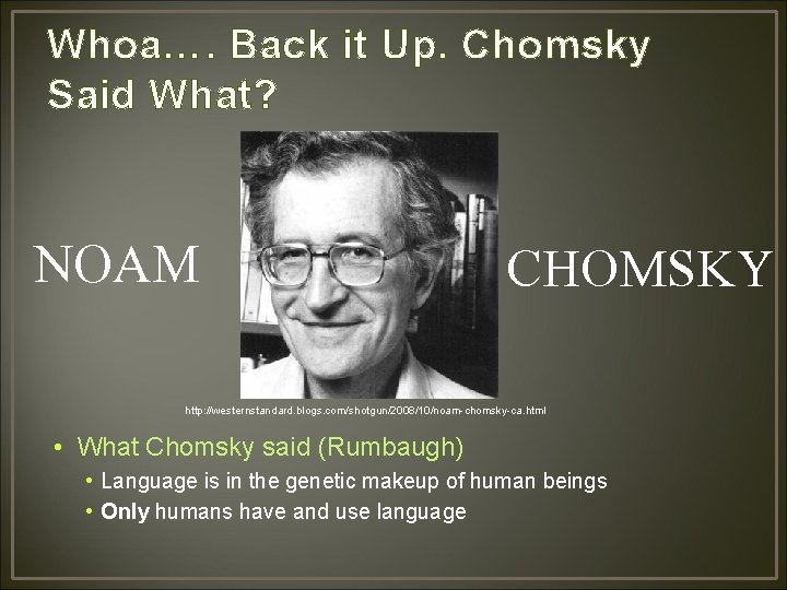 Whoa…. Back it Up. Chomsky Said What? NOAM CHOMSKY http: //westernstandard. blogs. com/shotgun/2008/10/noam-chomsky-ca. html