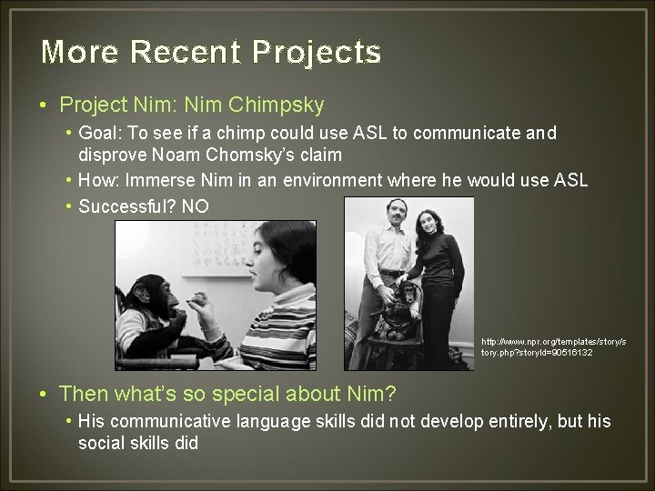 More Recent Projects • Project Nim: Nim Chimpsky • Goal: To see if a