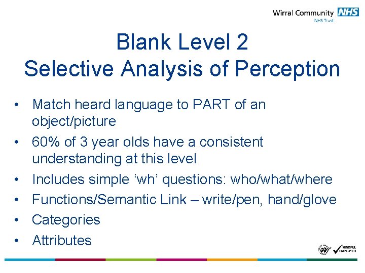 Blank Level 2 Selective Analysis of Perception • Match heard language to PART of