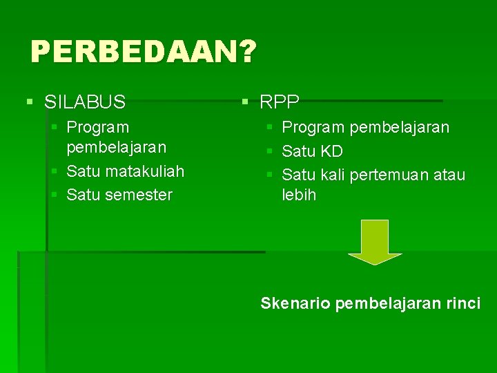 PERBEDAAN? § SILABUS § Program pembelajaran § Satu matakuliah § Satu semester § RPP