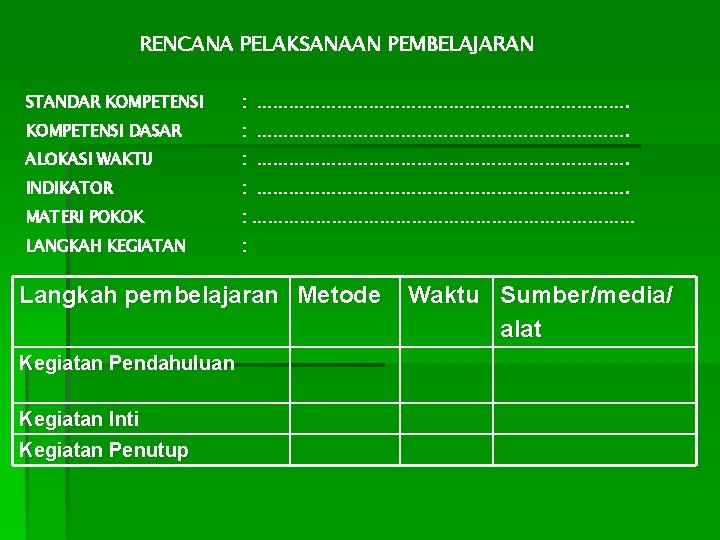 RENCANA PELAKSANAAN PEMBELAJARAN STANDAR KOMPETENSI : ………………………………. KOMPETENSI DASAR : ………………………………. ALOKASI WAKTU :