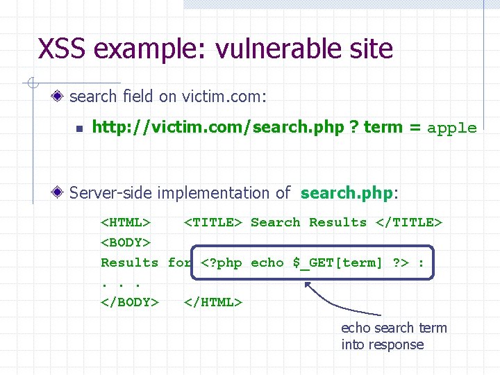 XSS example: vulnerable site search field on victim. com: n http: //victim. com/search. php