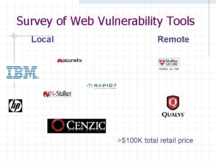 Survey of Web Vulnerability Tools Local Remote >$100 K total retail price 