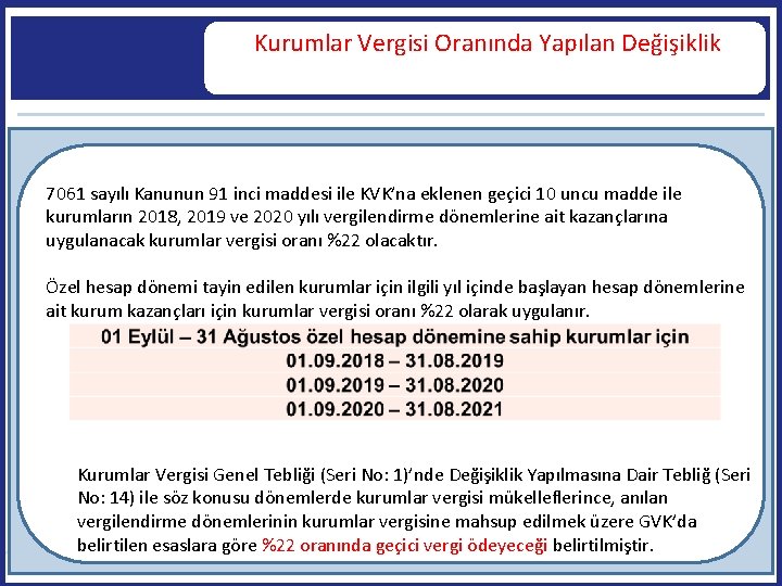  Kurumlar Vergisi Oranında Yapılan Değişiklik 7061 sayılı Kanunun 91 inci maddesi ile KVK’na