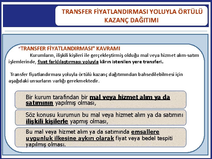  TRANSFER FİYATLANDIRMASI YOLUYLA ÖRTÜLÜ KAZANÇ DAĞITIMI “TRANSFER FİYATLANDIRMASI” KAVRAMI Kurumların, ilişkili kişileri ile