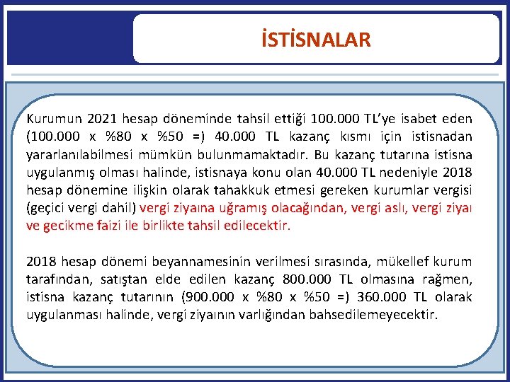 İSTİSNALAR Kurumun 2021 hesap döneminde tahsil ettiği 100. 000 TL’ye isabet eden (100. 000