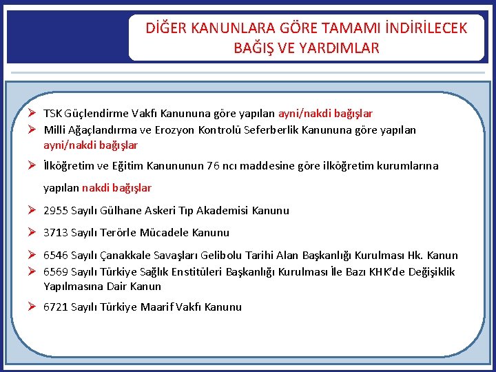 DİĞER KANUNLARA GÖRE TAMAMI İNDİRİLECEK BAĞIŞ VE YARDIMLAR TSK Güçlendirme Vakfı Kanununa göre yapılan