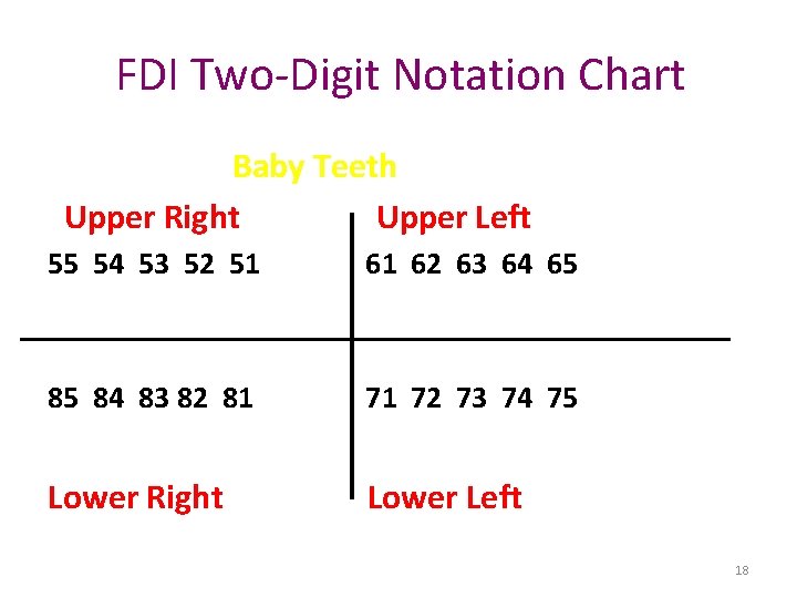 FDI Two-Digit Notation Chart Baby Teeth Upper Right Upper Left 55 54 53 52 FDI Two-Digit Notation Chart Baby Teeth Upper Right Upper Left 55 54 53 52