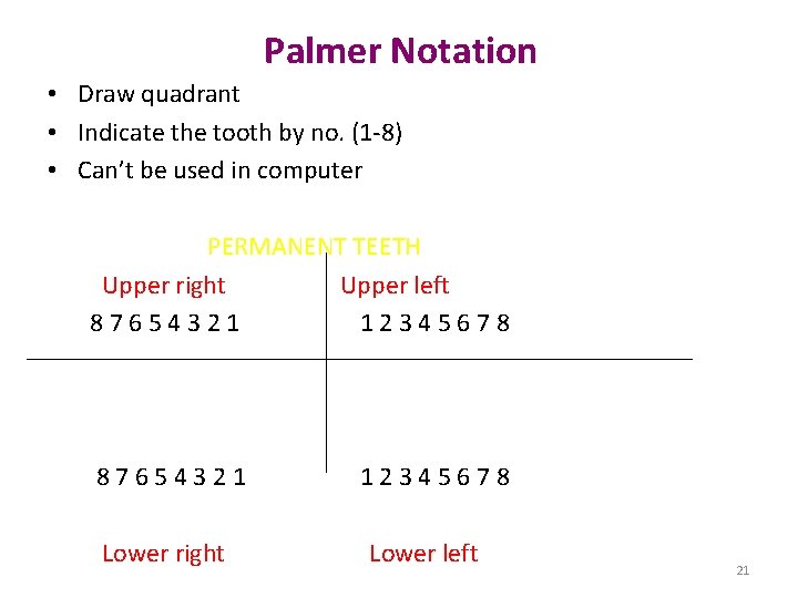Palmer Notation • Draw quadrant • Indicate the tooth by no. (1 -8) • Palmer Notation • Draw quadrant • Indicate the tooth by no. (1 -8) •