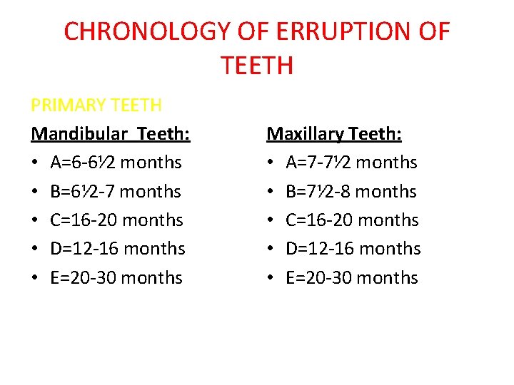 CHRONOLOGY OF ERRUPTION OF TEETH PRIMARY TEETH Mandibular Teeth: • A=6 -6⅟ 2 months CHRONOLOGY OF ERRUPTION OF TEETH PRIMARY TEETH Mandibular Teeth: • A=6 -6⅟ 2 months