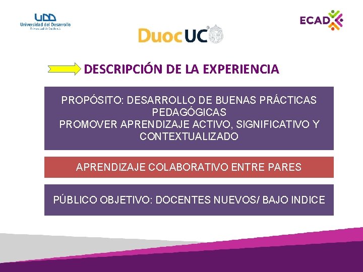 DESCRIPCIÓN DE LA EXPERIENCIA PROPÓSITO: DESARROLLO DE BUENAS PRÁCTICAS PEDAGÓGICAS PROMOVER APRENDIZAJE ACTIVO, SIGNIFICATIVO