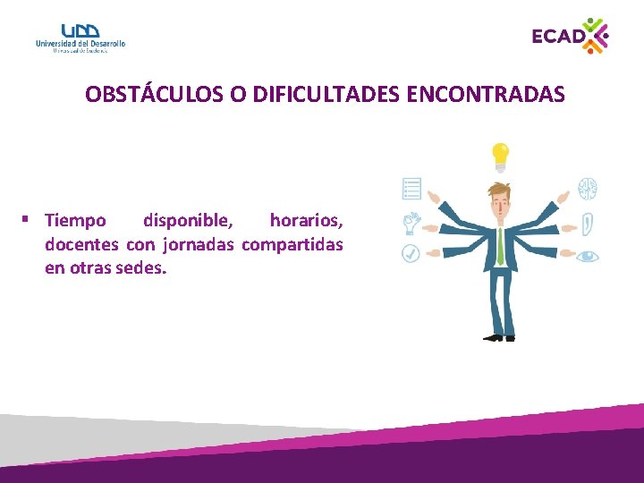 OBSTÁCULOS O DIFICULTADES ENCONTRADAS § Tiempo disponible, horarios, docentes con jornadas compartidas en otras