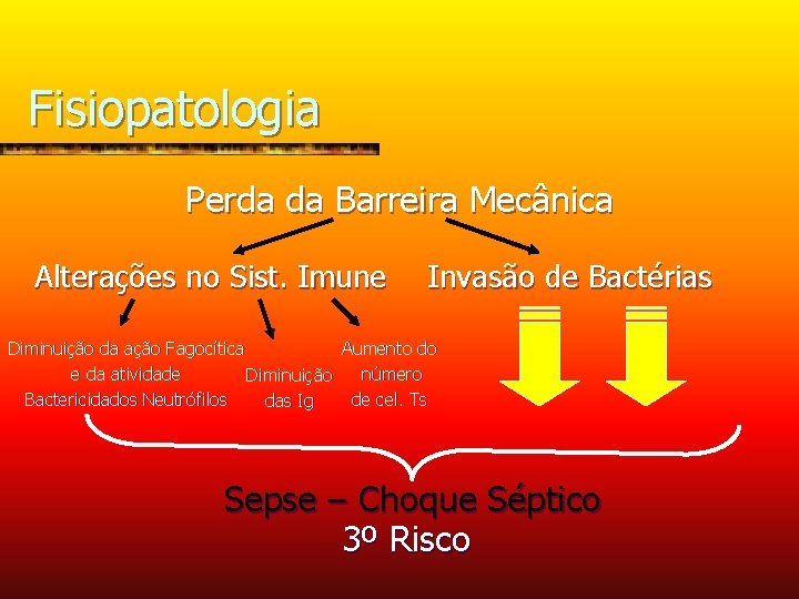 Fisiopatologia Perda da Barreira Mecânica Alterações no Sist. Imune Invasão de Bactérias Diminuição da