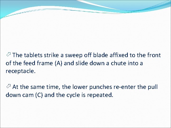 The tablets strike a sweep off blade affixed to the front of the The tablets strike a sweep off blade affixed to the front of the