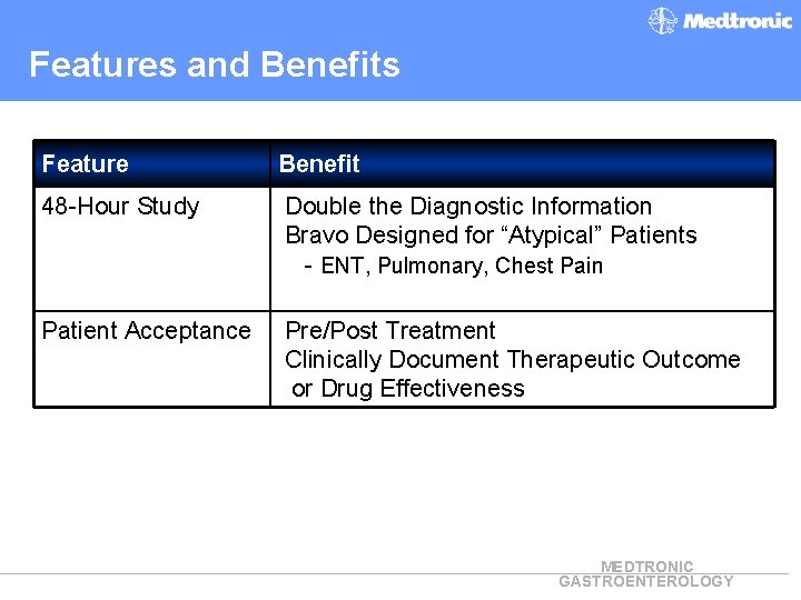 Features and Benefits Feature Benefit 48 -Hour Study Double the Diagnostic Information Bravo Designed