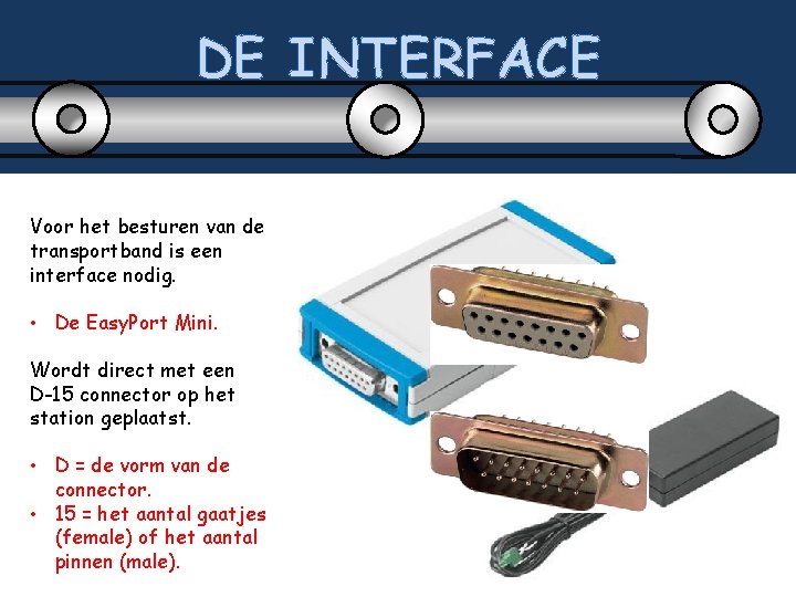DE INTERFACE Voor het besturen van de transportband is een interface nodig. • De