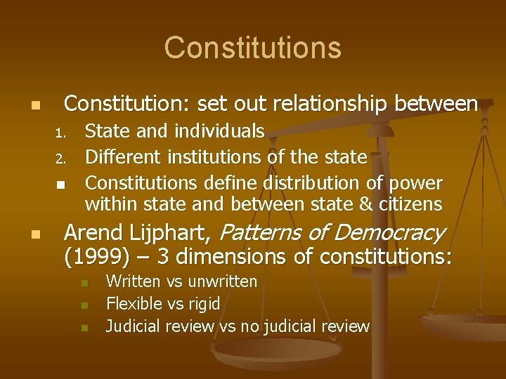 Constitutions n Constitution: set out relationship between 1. 2. n n State and individuals