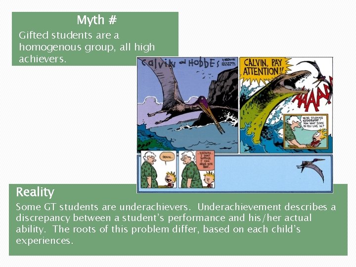 Myth # Gifted students are a homogenous group, all high achievers. Reality Some GT