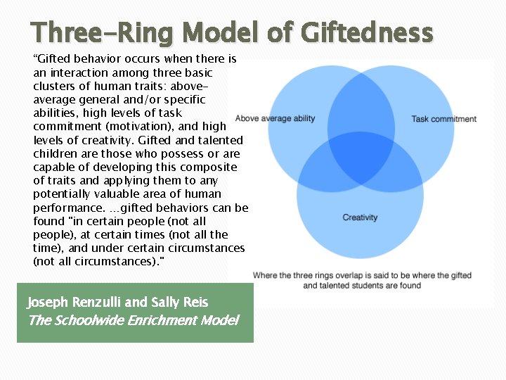 Three-Ring Model of Giftedness “Gifted behavior occurs when there is an interaction among three