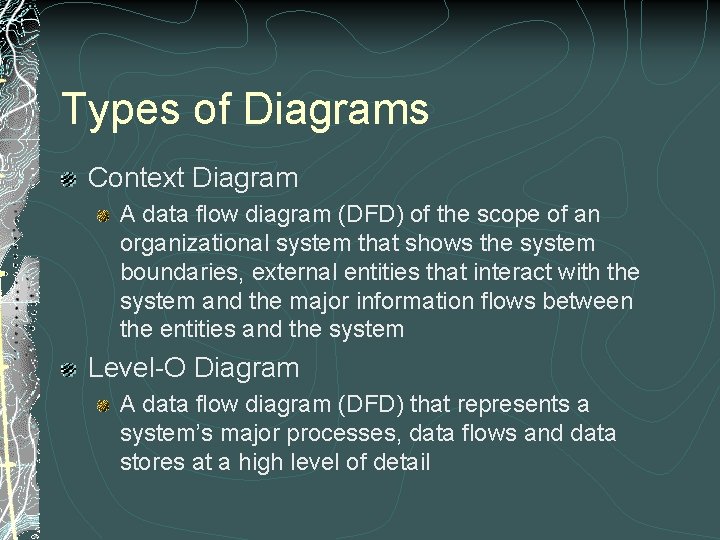Types of Diagrams Context Diagram A data flow diagram (DFD) of the scope of Types of Diagrams Context Diagram A data flow diagram (DFD) of the scope of