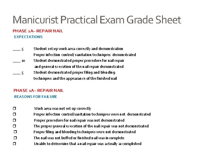 Manicurist Practical Exam Grade Sheet PHASE 1 A– REPAIR NAIL EXPECTATIONS ____ 5 ____