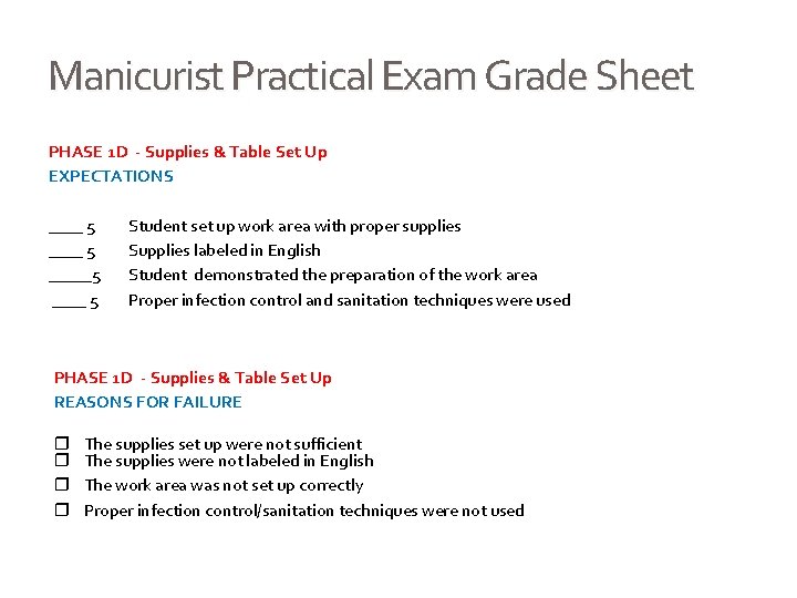 Manicurist Practical Exam Grade Sheet PHASE 1 D - Supplies & Table Set Up