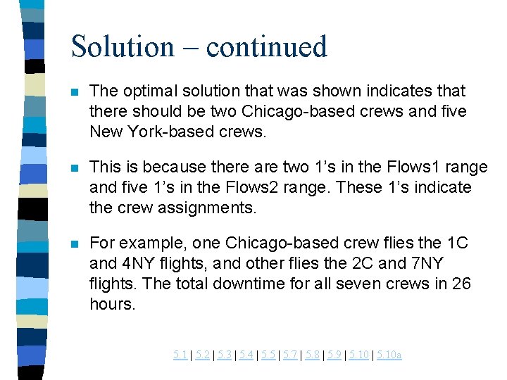 Solution – continued n The optimal solution that was shown indicates that there should