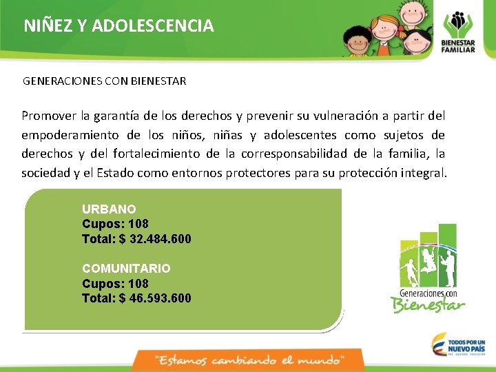 NIÑEZ Y ADOLESCENCIA GENERACIONES CON BIENESTAR Promover la garantía de los derechos y prevenir