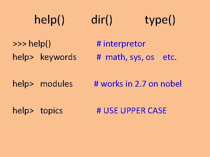 help() dir() type() >>> help() help> keywords # interpretor # math, sys, os etc. help() dir() type() >>> help() help> keywords # interpretor # math, sys, os etc.