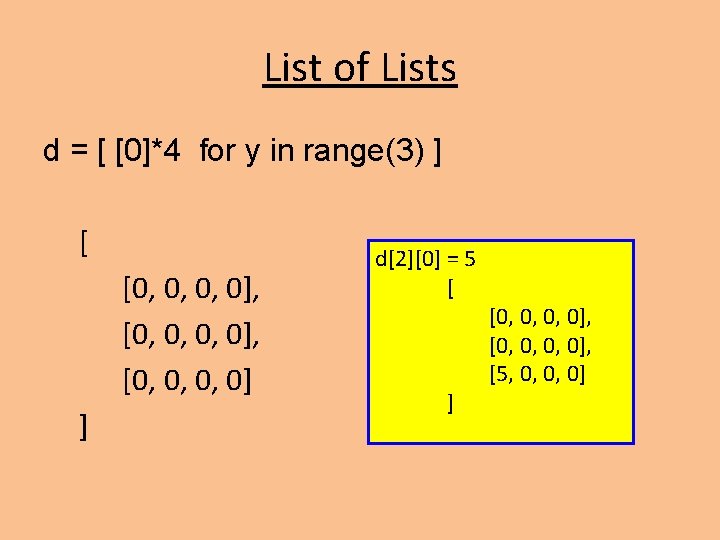 List of Lists d = [ [0]*4 for y in range(3) ] [ [0,