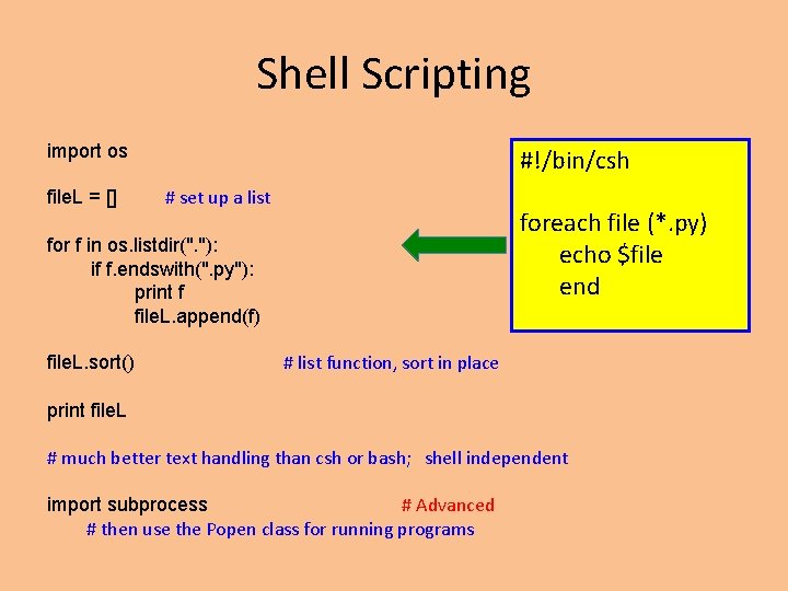 Shell Scripting import os file. L = [] #!/bin/csh # set up a list